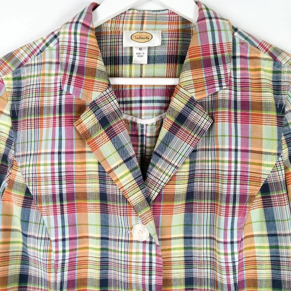Talbots Blazer Size 10 Y2K Madras Plaid Button Up Pockets Cotton Flax Preppy - Picture 2 of 14